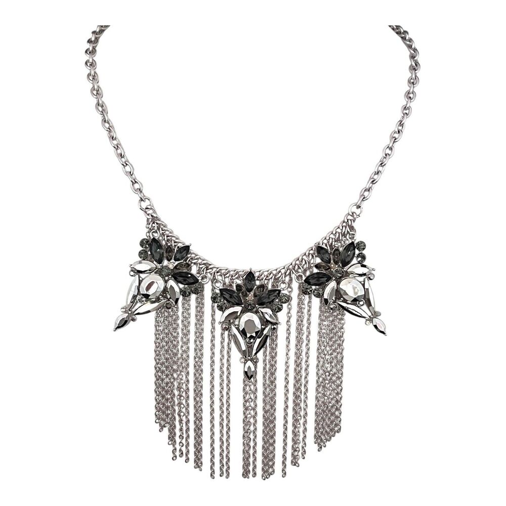 New Silver Tone Fringe Necklace Statement Trendy - 11U